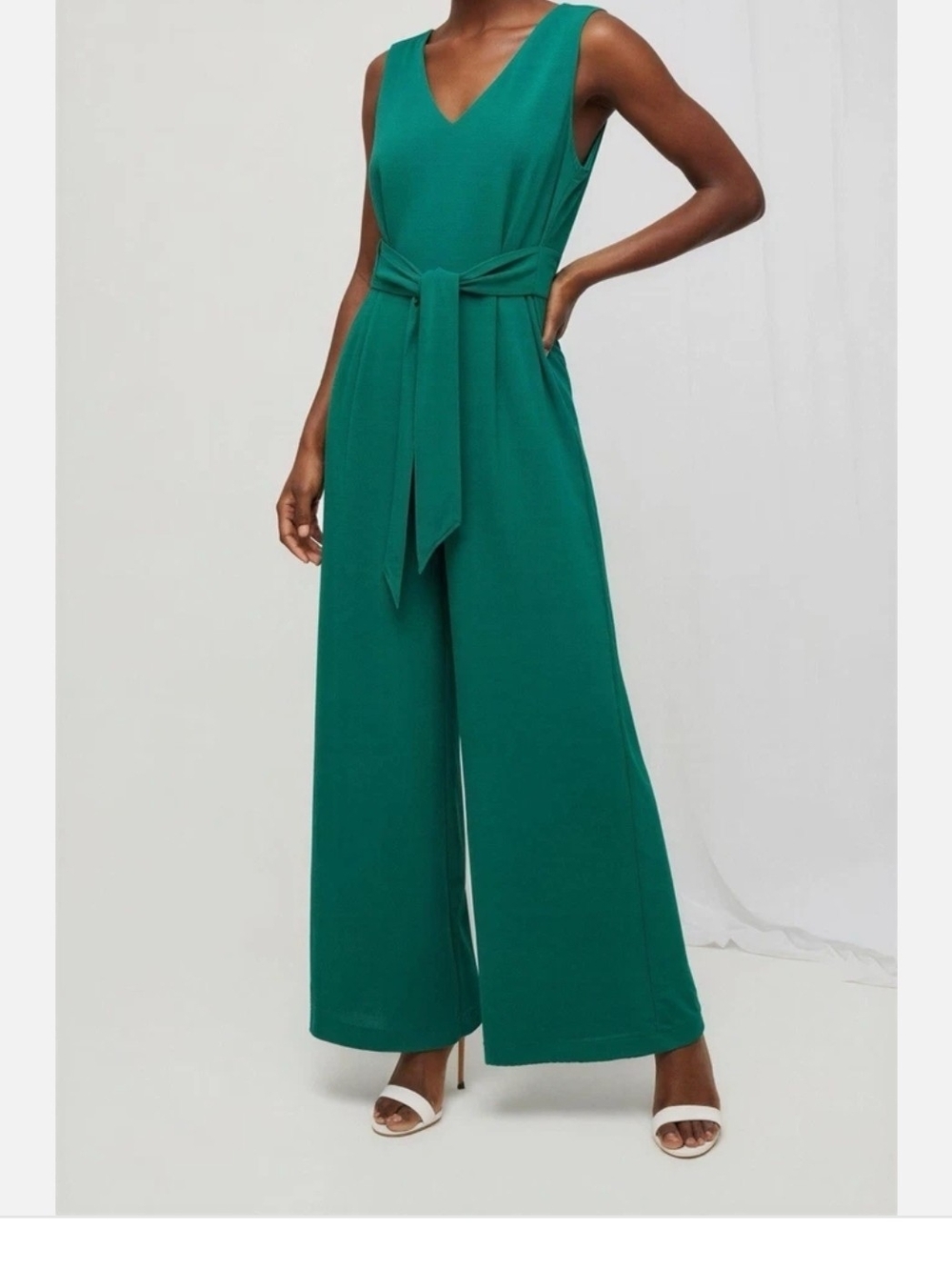 Calvin Klein Emerald Green Sleeveless V-Neck Wide-Leg Jumpsuit with Waist Tie